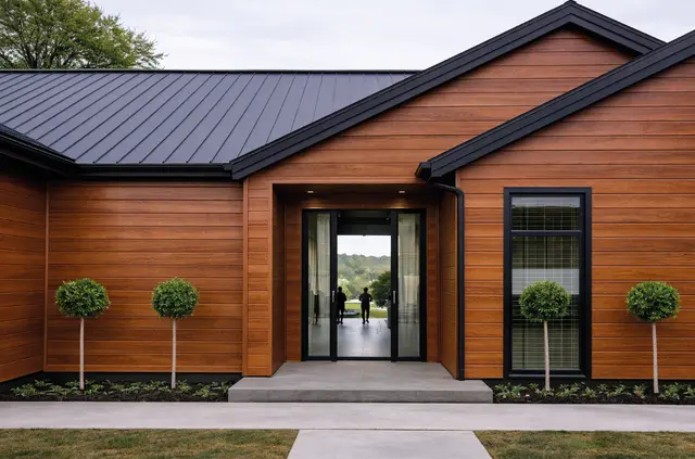 Metal Siding MF-SXG5 para exterior, MF Design — Metal Siding en acabado madera.