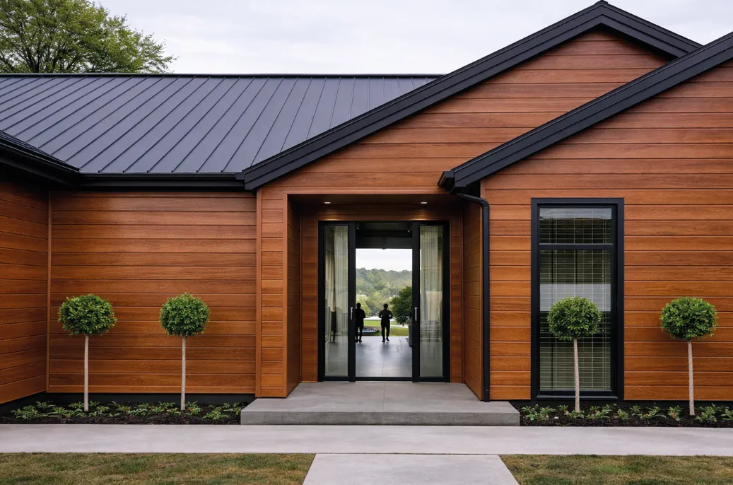 Metal Siding MF-SXG5 para exterior, MF Design — Metal Siding en acabado madera.