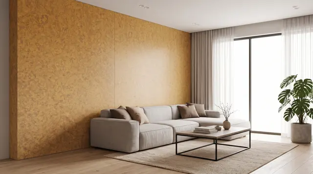Panel Bambú dorado ocre MF-BAM014 instalado en un muro de living, MF Design