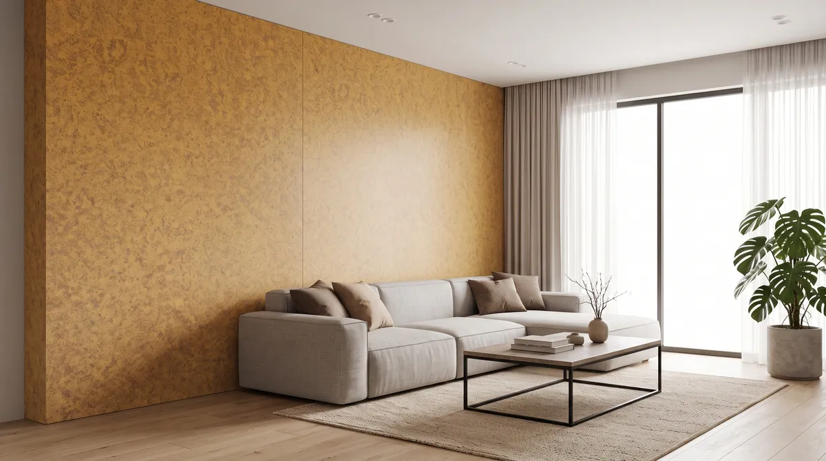 Panel Bambú dorado ocre MF-BAM014 instalado en un muro de living, MF Design