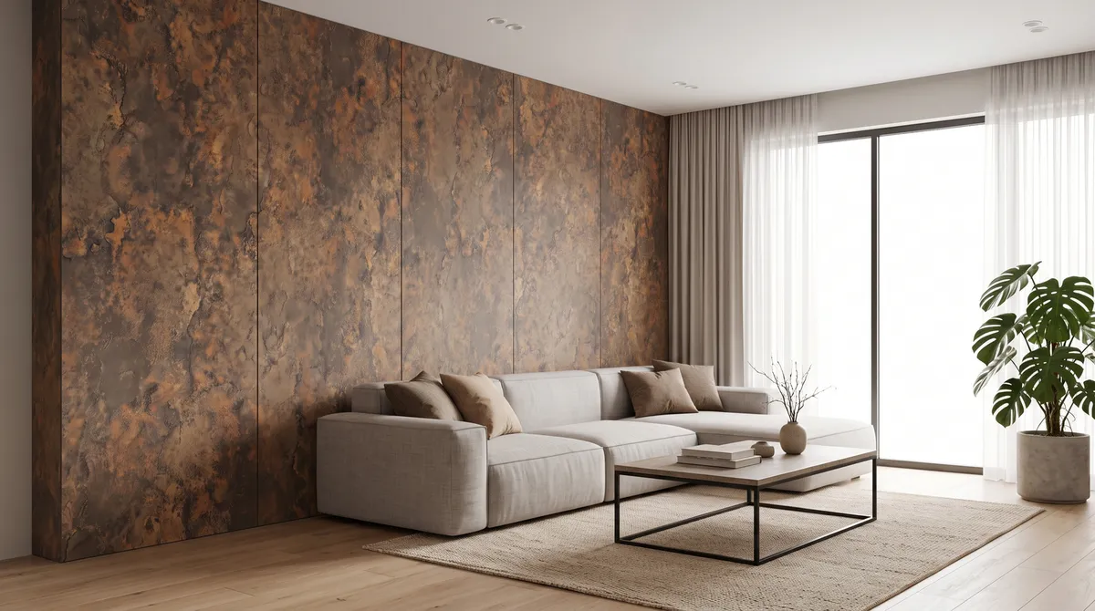 Panel Bambú óxido corten CXRS408-1 instalado en un muro de living, MF Design