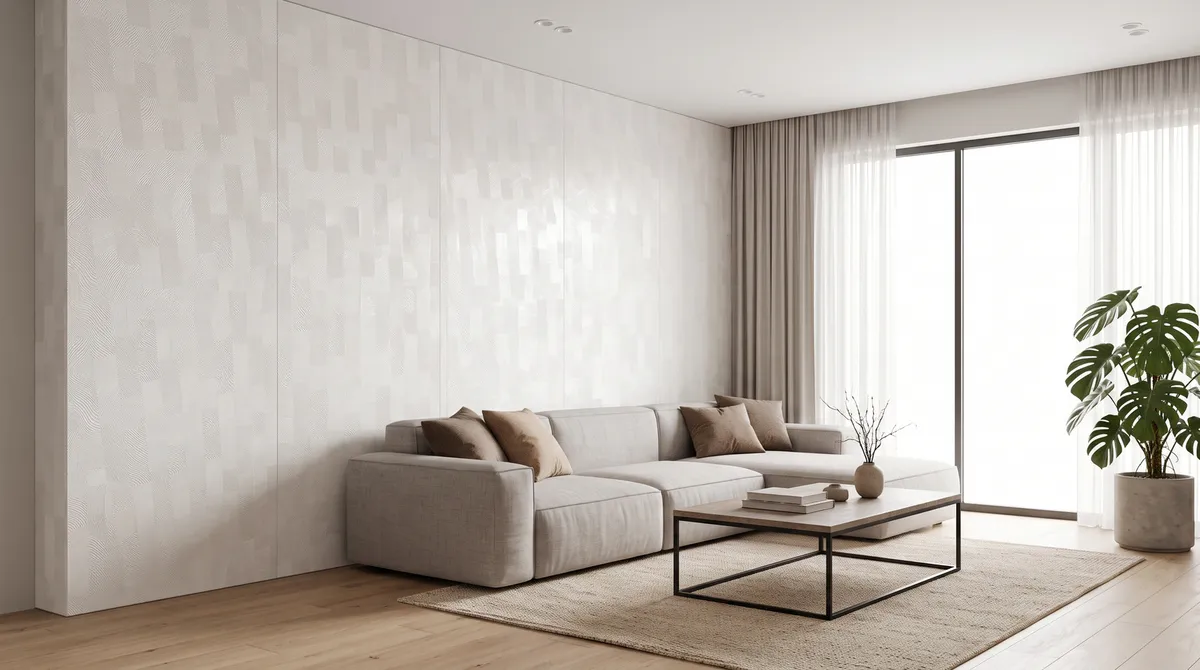Panel Bambú blanco marfil SY2519-1 instalado en un muro de living, MF Design