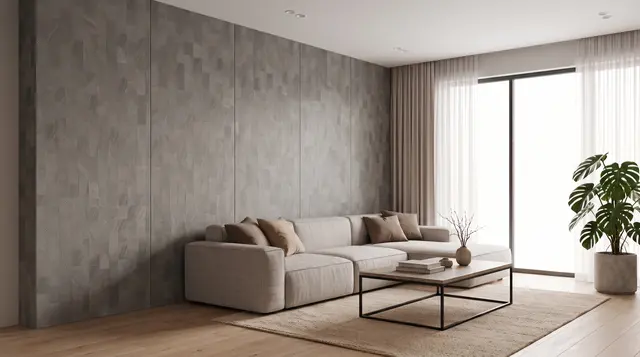 Panel Bambú gris piedra SY2519-6 instalado en un muro de living, MF Design