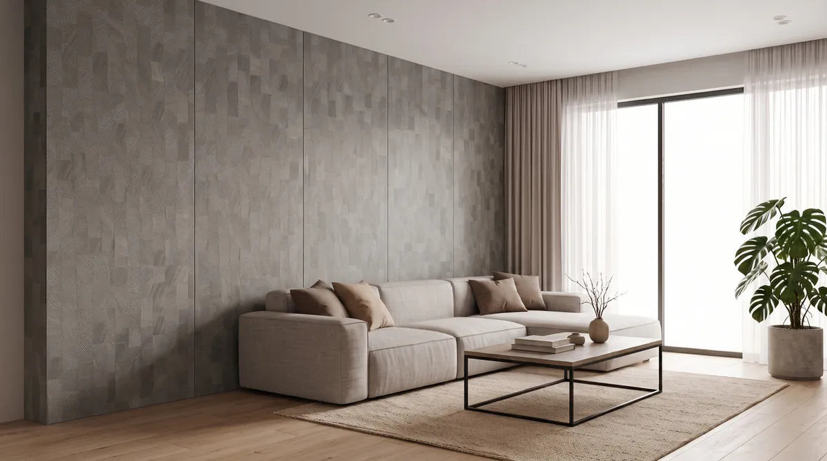 Panel Bambú gris piedra SY2519-6 instalado en un muro de living, MF Design