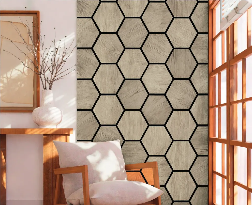 Wall Panel Acústico MF-1640S para interior, MF Design — Panel Acústico hexagonal tipo madera en tono café claro.