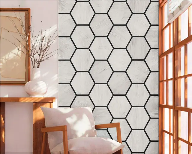Wall Panel Acústico MF-1Q para interior, MF Design — Panel Acústico hexagonal tipo madera en tono gris claro.