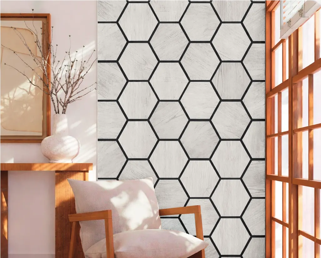 Wall Panel Acústico MF-1Q para interior, MF Design — Panel Acústico hexagonal tipo madera en tono gris claro.