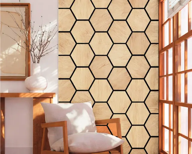 Wall Panel Acústico MF-558C para interior, MF Design — Panel Acústico hexagonal tipo madera con acabado cálido.