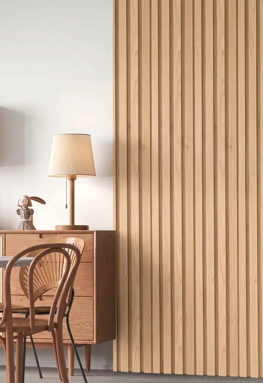 Wall Panel W roble claro MF-W2313 instalado en un muro de living, MF Design