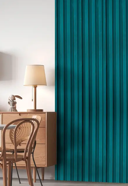 Wall Panel W verde petróleo MF-W2503 instalado en un muro de living, MF Design
