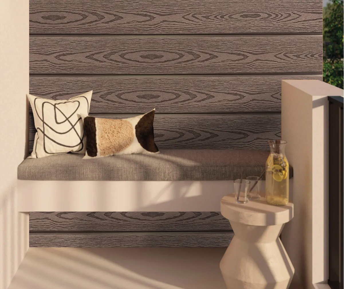 Wall Panel WPC MF-EBONY para exterior, MF Design — Wall panel WPC de acabado que imita la madera, con un tono roble suave y vetas elegantes.